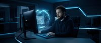 Focused male cybersecurity analyst working on computer in futuristic control room with holographic earth display and blue neon lighting for tech concepts.
