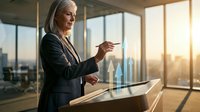 Senior businesswoman presenting at podium in modern office with city skyline view during golden hour sunset for corporate leadership and executive meetings.