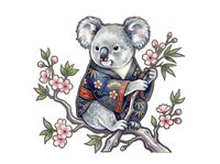 Koala sitting on branch wearing traditional patterned kimono, surrounded by pink flowers and green foliage. Isolated illustration on transparent background, ready for design use.