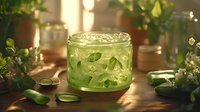 Fresh mint mojito cocktail in mason jar with ice cubes and lime slices on wooden table, backlit by warm sunlight, surrounded by green leaves and white flowers.