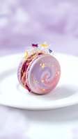 Purple galaxy macarons with gold stars and edible flowers on white plate against dreamy lavender background for bakery dessert menu design.