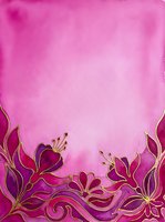 Pink watercolor background with gold-outlined magenta flowers at the bottom, copy space for text, for greeting cards, invitations, posters.