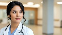 Professional female doctor with stethoscope in modern hospital corridor looking confident and approachable for healthcare marketing materials.