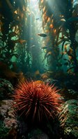 Red sea urchin on rocky ocean floor surrounded by kelp forest with sunlight filtering through water creating underwater marine ecosystem scene.
