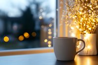 Cozy white coffee mug on windowsill with warm fairy lights and dried flowers creating peaceful morning atmosphere for relaxation and comfort.