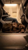 Guide dog resting on airplane floor during flight, service animal travel assistance for visually impaired passenger in aircraft cabin.