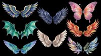 Watercolor wings collection featuring angel, fairy, butterfly, and demon wing designs in vibrant colors. Isolated on transparent background, ready for t-shirt design, clipart, stickers, sublimation, and print-on-demand projects.