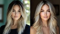 Young blonde Caucasian woman with layered hairstyle and natural makeup showcasing modern beauty trends for salon and cosmetic advertising campaigns.