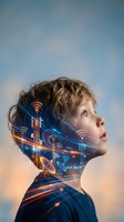 Young boy with digital network overlay representing future technology and connectivity concepts for educational and tech industry use.