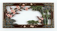 Asian-inspired frame with cherry blossoms and bamboo leaves on white background. Decorative border design for invitations, cards, and oriental themes.