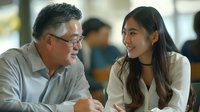 Middle-aged Asian businessman with glasses mentoring young Asian businesswoman in modern office setting. Professional consultation and career guidance concept.