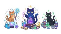 Cartoon cats with magical potions and mystical elements, isolated on white background. Orange tabby, purple witch cat, and black cat surrounded by glowing bottles, crystals, and stars. Ready for clipart, merchandise, and design projects.