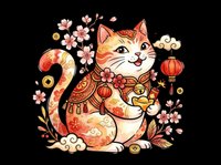 Lucky cat with ornamental flowers and coins isolated on transparent background, ready for t-shirt design, stickers, clipart, print-on-demand products and sublimation projects.