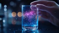 Glowing neon heart floating in glass of luminescent blue liquid against dark background with bokeh lights, magical science concept for Valentine designs.
