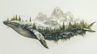 Surreal double exposure effect combining whale silhouette with mountain landscape, evergreen forest and reflective lake, artistic nature composition on light background.
