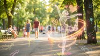 Young woman dancing with glowing light trails in sunny park with people walking in background. Digital art overlay effect for creative projects.