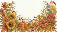Watercolor autumn floral border with sunflowers, roses, dahlias, berries and fall leaves in warm orange, red and gold tones on white background.