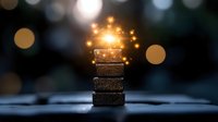 Glowing magical light emerging from stacked chocolate pieces against dark background with bokeh effect, creating mystical food photography atmosphere.