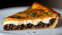 Slice of homemade pie with minced meat and melted cheese filling topped with fresh herbs, served on white plate. Close up view shows flaky golden crust and rich layers.