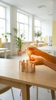 Hands protecting wooden figures on table in bright office with plants and windows, symbolizing care, safety, and teamwork for business concepts.