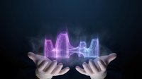 Hands holding glowing neon sound wave visualization with purple and blue light effects against dark background for audio technology, music production, and digital innovation concepts.