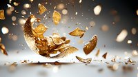 Shattered golden pieces floating in air with glowing bokeh lights on dark background creating magical atmosphere for luxury design projects.