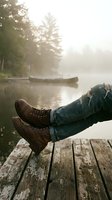 Person relaxing on wooden dock with boots and jeans by misty lake at sunrise with canoe and forest creating peaceful outdoor adventure atmosphere.