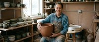 Middle-aged Caucasian male potter smiling in ceramic workshop studio holding handmade clay pot surrounded by pottery tools and finished pieces on shelves.