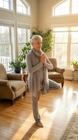 Senior Caucasian woman practicing yoga meditation in bright sunlit living room with houseplants and wooden floors for wellness and mindfulness.