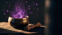 Mystical singing bowl with glowing purple energy and magical particles floating above, wooden mallet on burlap surface for meditation and spiritual healing practices.