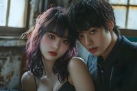 Young Asian couple in intimate pose with purple-haired woman and dark-haired man in moody industrial setting for fashion and lifestyle content.