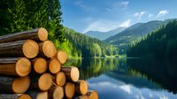 Stack of fresh cut logs beside tranquil mountain lake with evergreen forest reflections in calm water and scenic peaks in background. Nature resource concept.