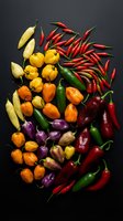 Colorful assortment of fresh hot chili peppers in various shapes and sizes arranged on dark background for culinary and cooking projects.