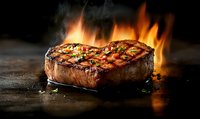 Juicy grilled beef steak with grill marks and flames in background on dark surface, perfect for restaurant menu or food advertising.