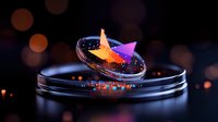 Glowing orange paper boat floating on reflective surface with purple light and bokeh effects in dark atmospheric setting. Creative conceptual photography.