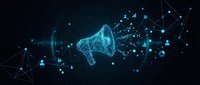 Glowing megaphone with digital network particles and data visualization on dark background, representing marketing communication, social media promotion, and business announcement concepts.