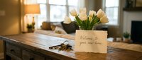 Rustic wooden table with house keys, white tulips in a vase, and a welcome to your new home note card in a cozy living room.