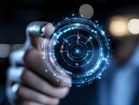 Futuristic digital camera viewfinder with glowing blue circular interface and targeting system overlay. Modern photography technology concept with bokeh background.