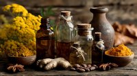 Herbal medicine bottles with turmeric powder, ginger root and healing spices on rustic wooden table for natural wellness and alternative therapy treatments.