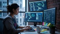 Young Asian female software developer programming at multi-monitor workstation in modern office environment with brick wall and city view.