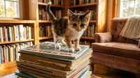 Tabby kitten standing on stack of magazines in cozy home library with bookshelves and armchair, suitable for pet, education, and lifestyle content.