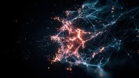 Abstract network visualization with glowing orange and blue connections forming intricate patterns against dark background, representing digital connectivity and data flow.