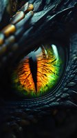 Macro shot of mystical dragon eye with vibrant orange and green iris, vertical black pupil, and detailed textured scales surrounding it for fantasy designs.