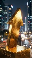 Glowing golden arrow pointing upward on pedestal with blurred city skyline at night, symbolizing growth, success, and business progress for corporate presentations.