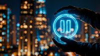 Business professional hands protecting glowing pause button symbol against blurred city skyline at night for digital control concepts.