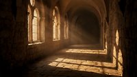 Ancient stone corridor with arched windows casting dramatic sunlight patterns on floor. Medieval monastery or castle interior with atmospheric lighting.