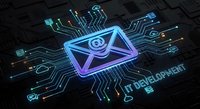Digital email marketing concept with glowing envelope and circuit board connections for technology communication and business automation campaigns.