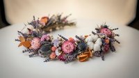 Autumn floral crown with dried lavender, cotton bolls, pink flowers and orange ribbon on neutral background for seasonal wedding decor and photography.