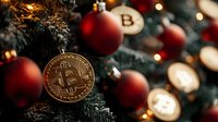Golden cryptocurrency coin hanging as ornament on Christmas tree with red baubles and festive lights creating magical holiday atmosphere.
