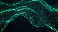 Glowing turquoise particle waves flow across dark background, creating luminous digital streams for technology, data visualization, and futuristic design projects.